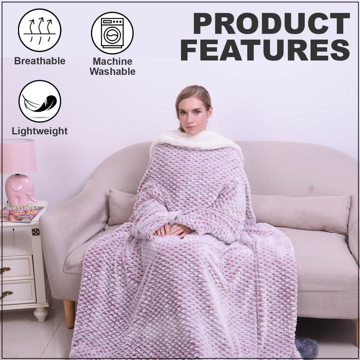 HOMESMART Checkered Pattern Faux Fur Soft and Cozy Reversible Sherpa TV Blanket with Sleeves image number 2