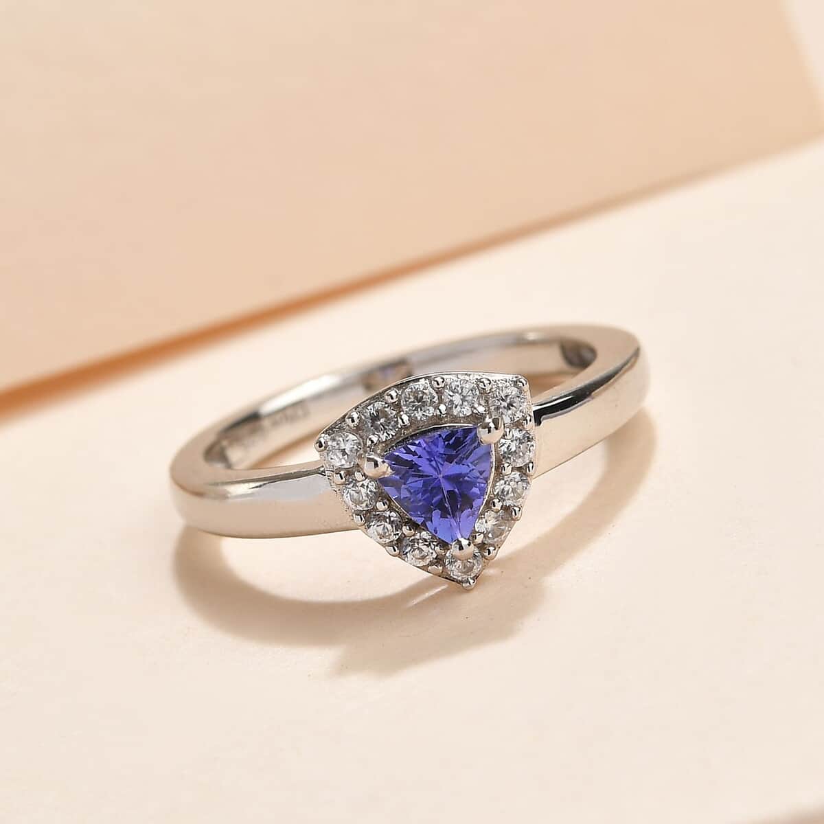 AAA Tanzanite and Natural White Zircon Halo Ring in Platinum Over Sterling Silver (Size 6.0) 0.60 ctw image number 1