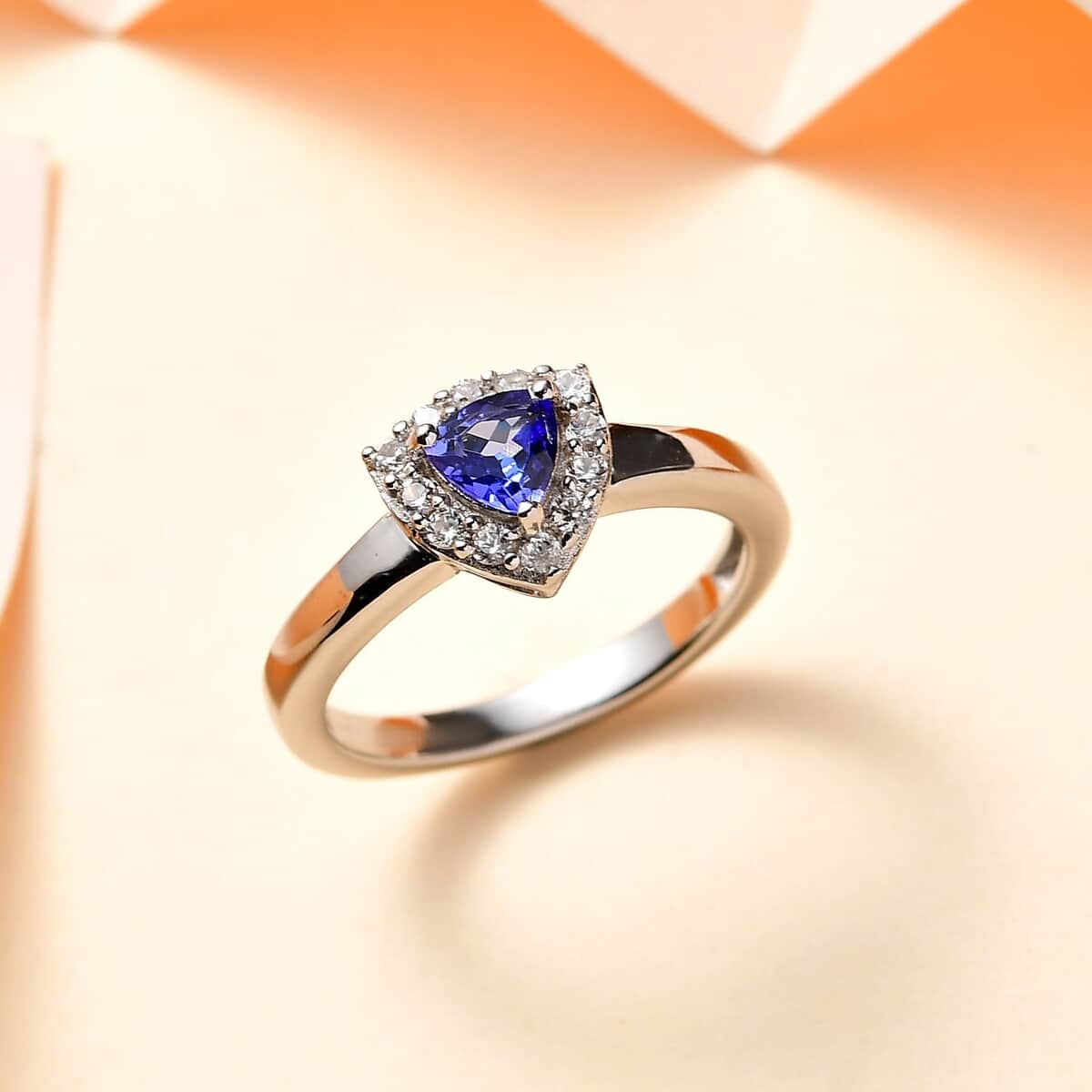 AAA Tanzanite and Natural White Zircon Halo Ring in Platinum Over Sterling Silver (Size 7.0) 0.60 ctw image number 1