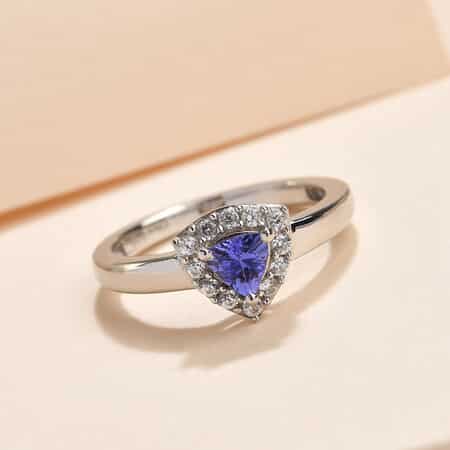 AAA Tanzanite and Natural White Zircon Halo Ring in Platinum Over Sterling Silver (Size 8.0) 0.60 ctw image number 1