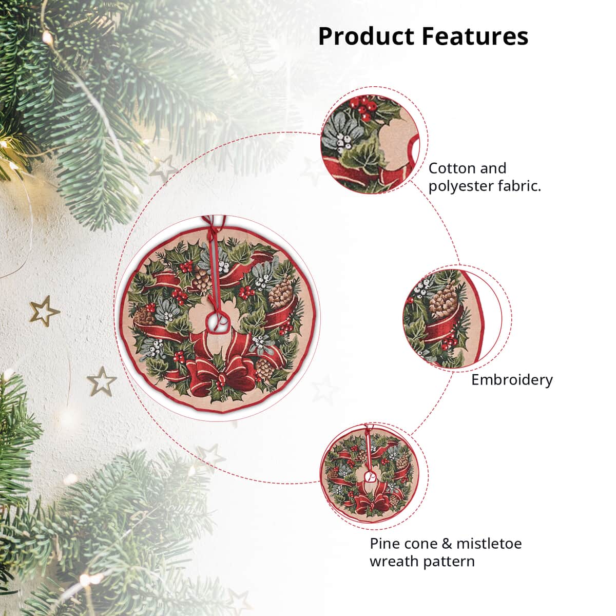 HOMESMART Pine Cone & Mistletoe Wreath Christmas Tree Skirt (40, 40% Cotton & 60% Polyester) image number 2