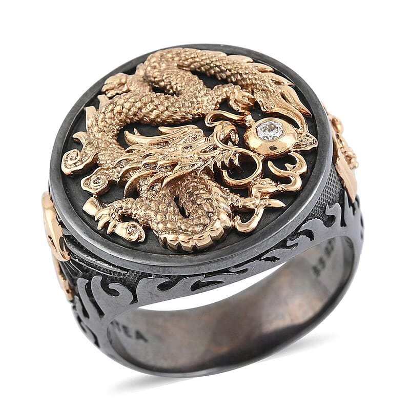 Galatea El Capitan Collection 14K Yellow Gold Diamond Accent Dragon Ring and Black Rhodium Sterling Silver (Size 9.0)