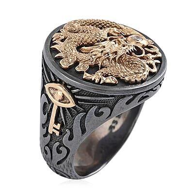 Galatea El Capitan Collection 14K Yellow Gold Diamond Accent Dragon Ring and Black Rhodium Sterling Silver (Size 9.0)