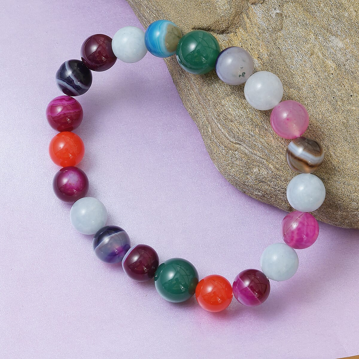 165 ctw Multi Color Agate and Aqua Chalcedony Beads Stretch Bracelet image number 1