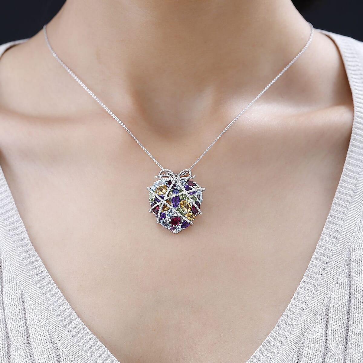 GP Amore Collection Multi Gemstone Heart Pendant Necklace 20 Inches in Platinum Over Sterling Silver 8.35 ctw (Del. in 8-10 Days) image number 2