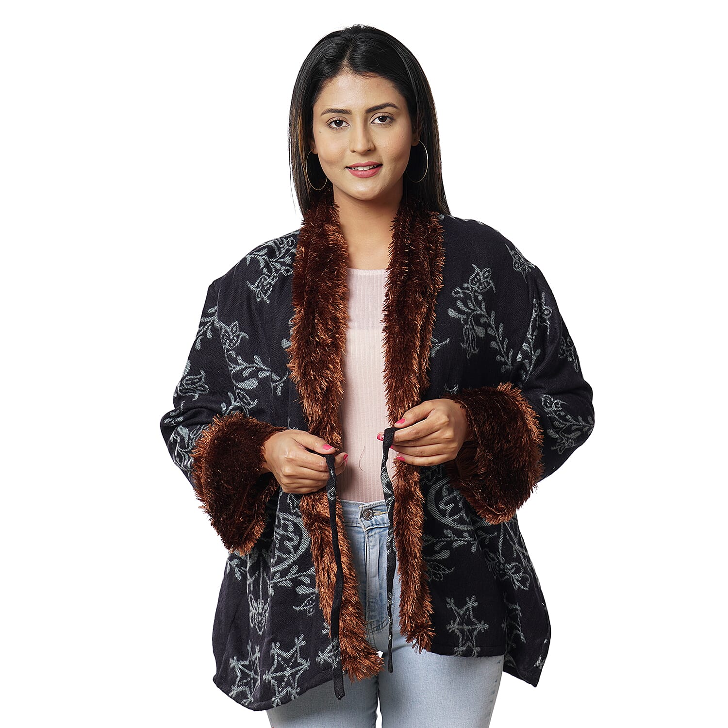 Passage Black Floral Damask Cozy Jacquard Cardigan with Faux Fur Trim (M/L, 100% Acrylic)