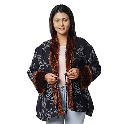 Passage Black Floral Damask Cozy Jacquard Cardigan with Faux Fur Trim (M/L, 100% Acrylic)