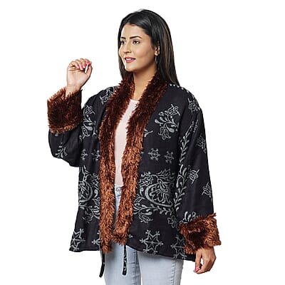 Passage Black Floral Damask Cozy Jacquard Cardigan with Faux Fur Trim (M/L, 100% Acrylic)