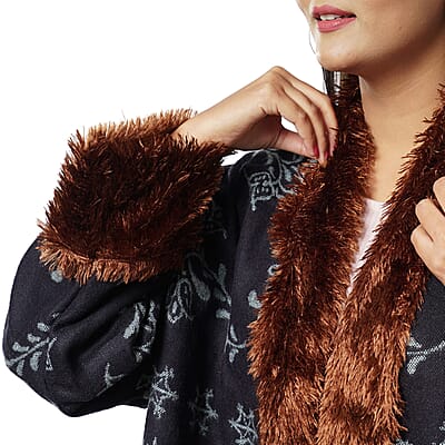 Passage Black Floral Damask Cozy Jacquard Cardigan with Faux Fur Trim (M/L, 100% Acrylic)