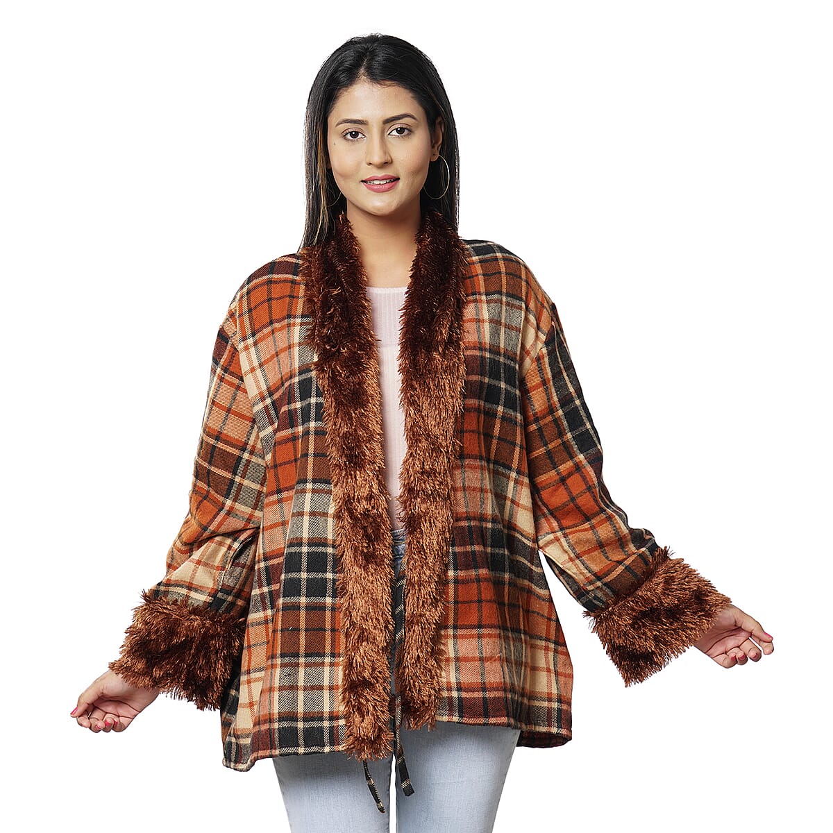 Passage Orange Plaid Cozy Jacquard Cardigan with Faux Fur Trim (M/L, 100% Acrylic) image number 0