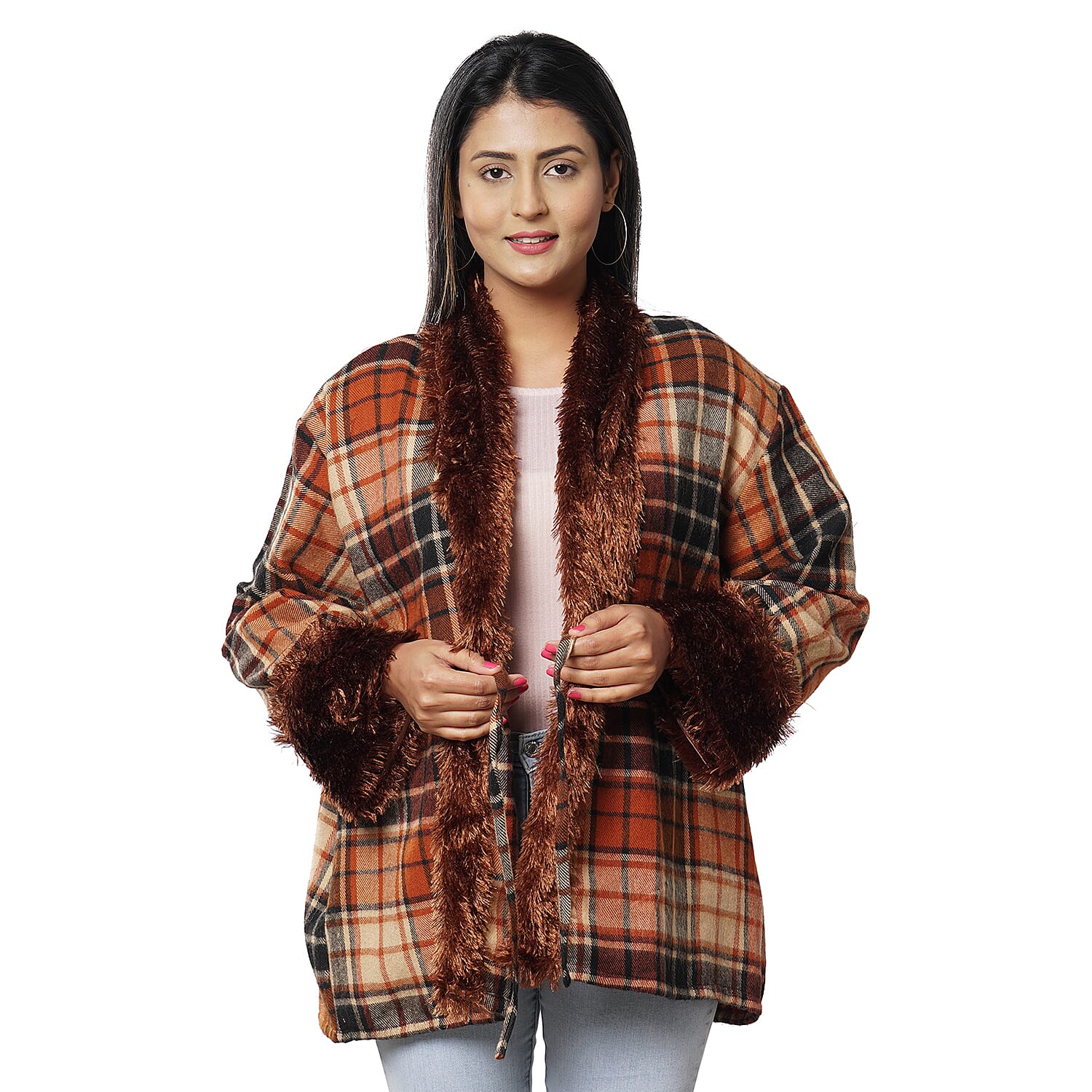 Passage Orange Plaid Cozy Jacquard Cardigan with Faux Fur Trim (M/L, 100% Acrylic)