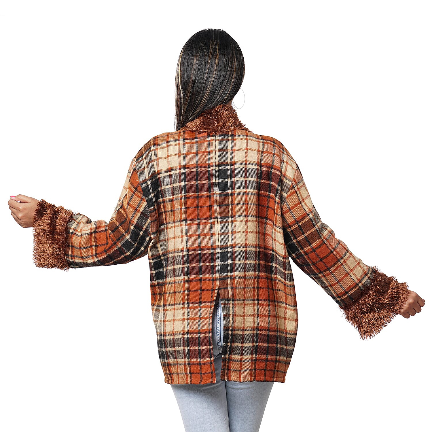 Passage Orange Plaid Cozy Jacquard Cardigan with Faux Fur Trim (M/L, 100% Acrylic)