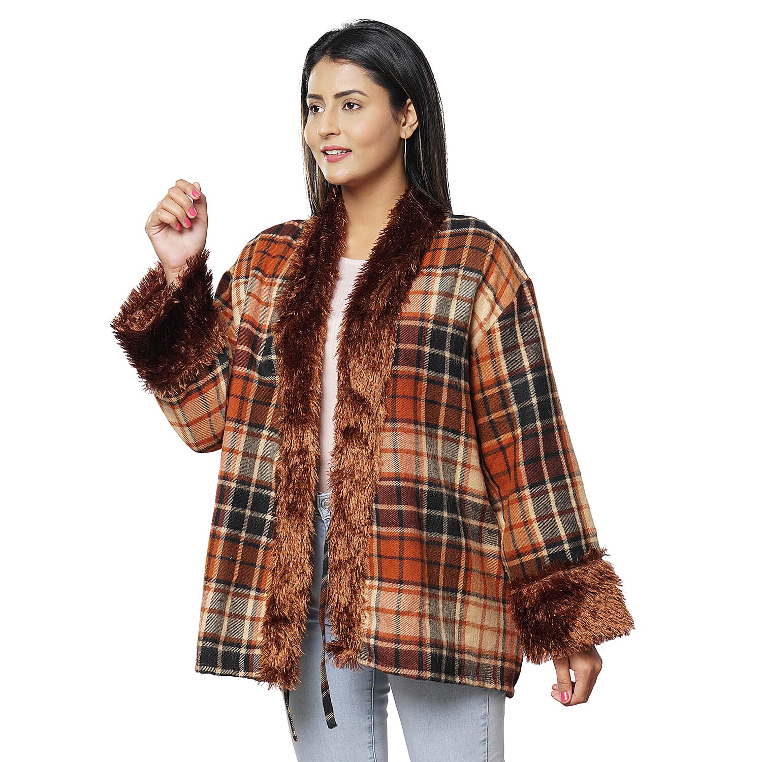 Passage Orange Plaid Cozy Jacquard Cardigan with Faux Fur Trim (M/L, 100% Acrylic)