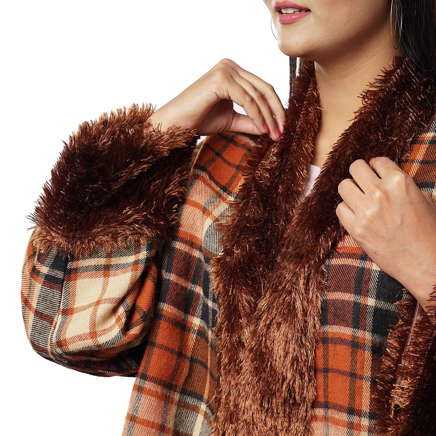Passage Orange Plaid Cozy Jacquard Cardigan with Faux Fur Trim (M/L, 100% Acrylic)