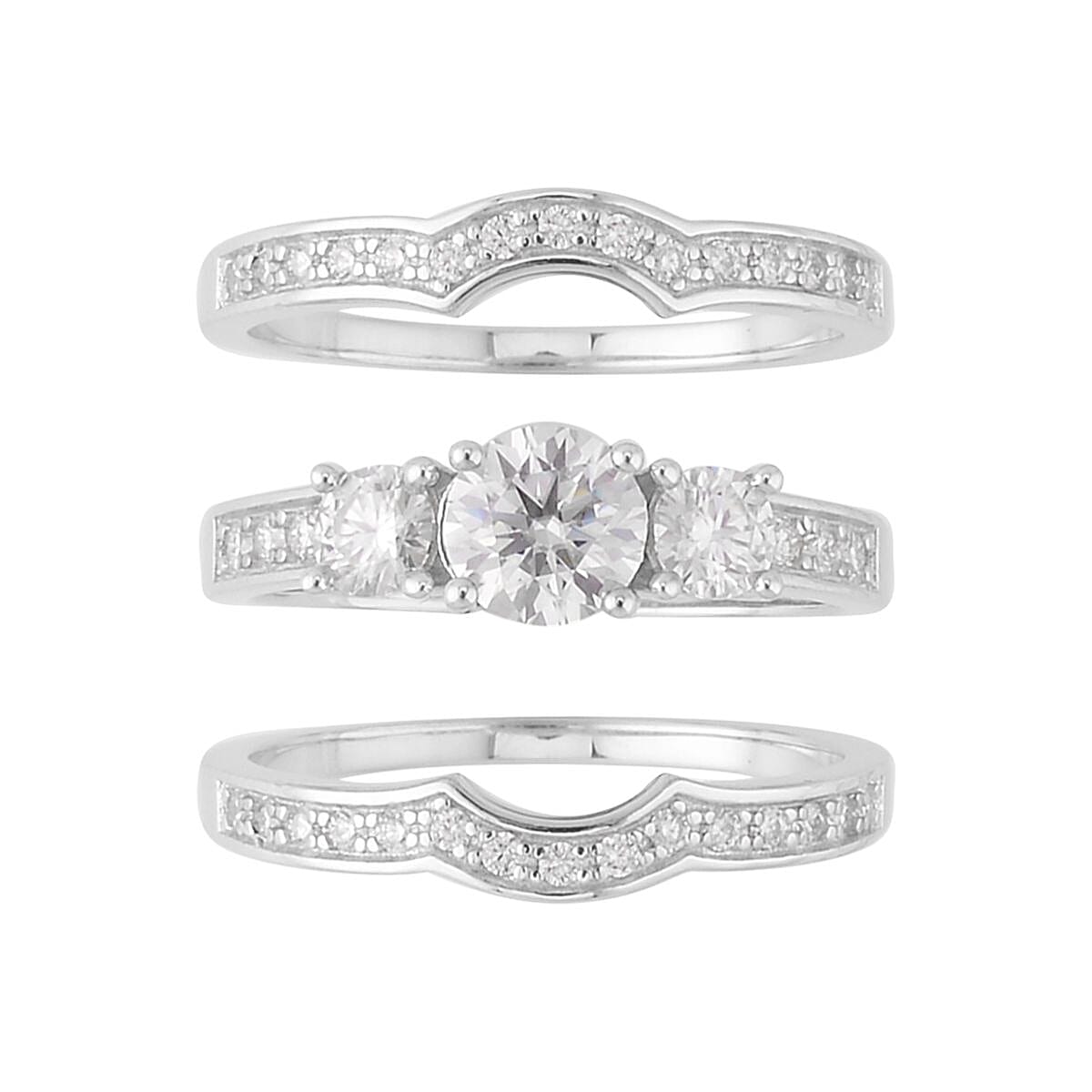 Moissanite Set of 3 Bridal Ring in Rhodium Over Sterling Silver (Size 6) 1.75 ctw