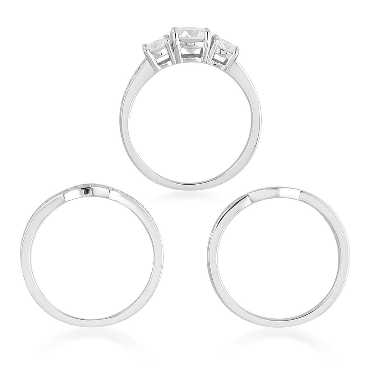 Moissanite Set of 3 Bridal Ring in Rhodium Over Sterling Silver (Size 6) 1.75 ctw