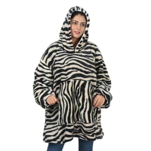 Black and White Zebra Print Sherpa Wearable Blanket with Hood (One Size Fits Most, 100% Polyester)