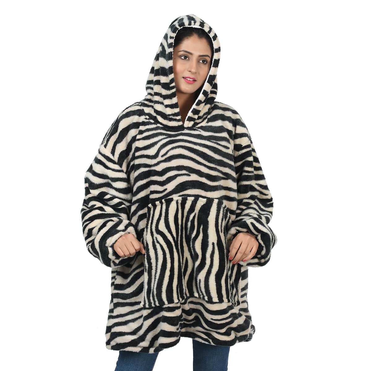 Black and White Zebra Print Sherpa Wearable Blanket with Hood (One Size Fits Most, 100% Polyester) image number 0