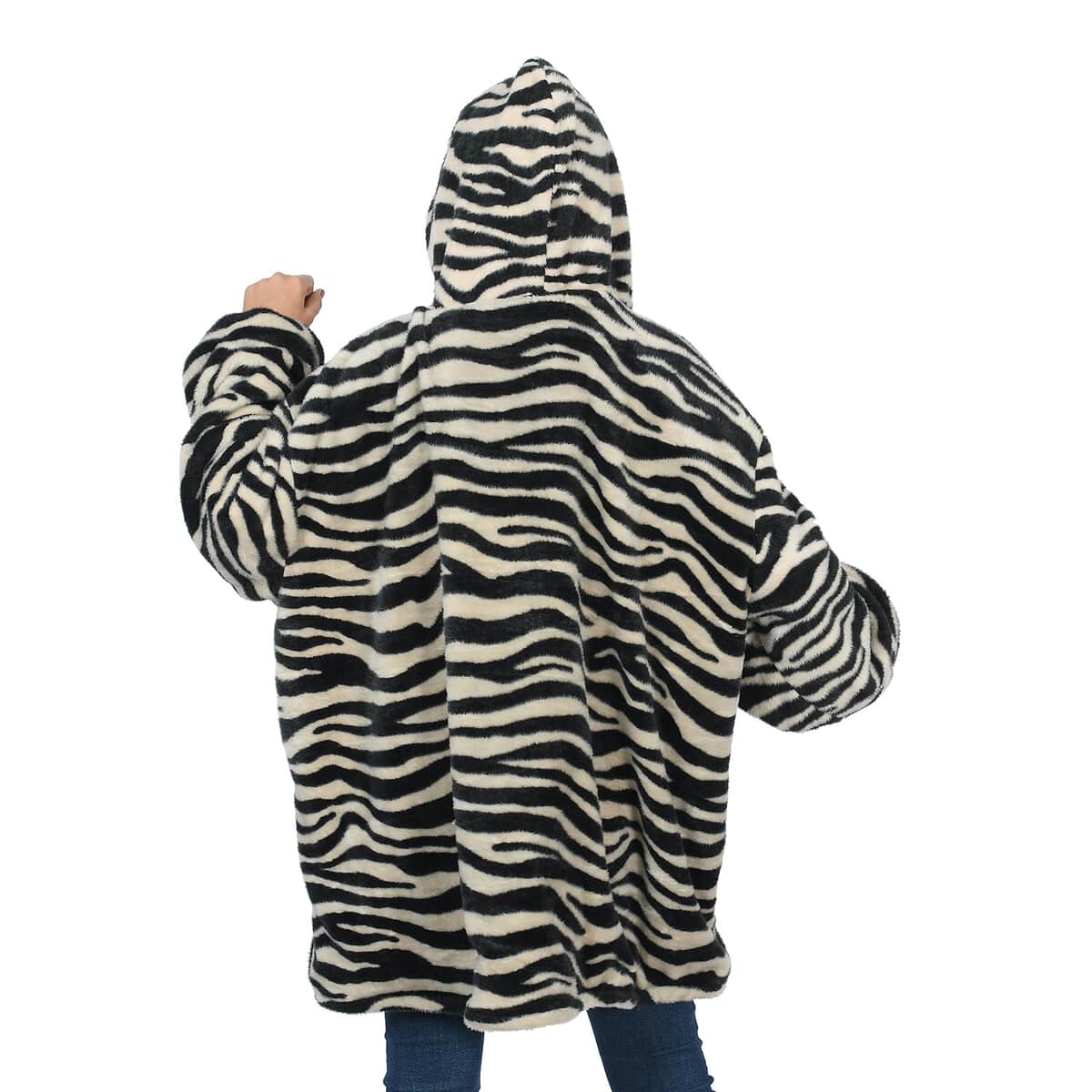 Black and White Zebra Print Sherpa Wearable Blanket with Hood (One Size Fits Most, 100% Polyester) image number 1