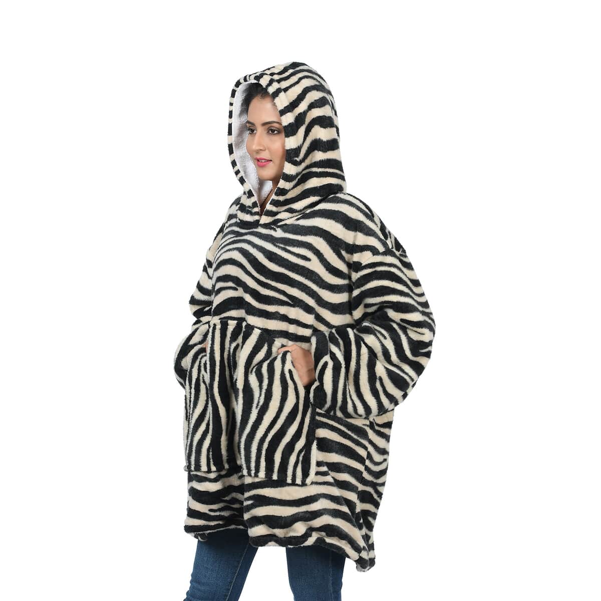 Black and White Zebra Print Sherpa Wearable Blanket with Hood (One Size Fits Most, 100% Polyester) image number 2