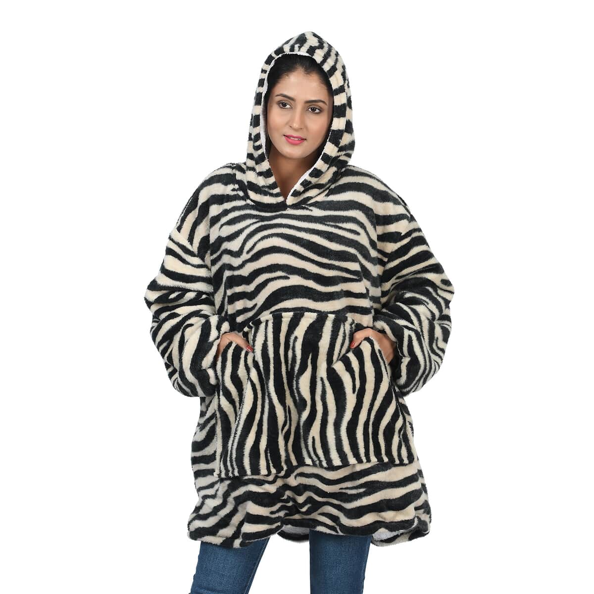 Black and White Zebra Print Sherpa Wearable Blanket with Hood (One Size Fits Most, 100% Polyester) image number 3
