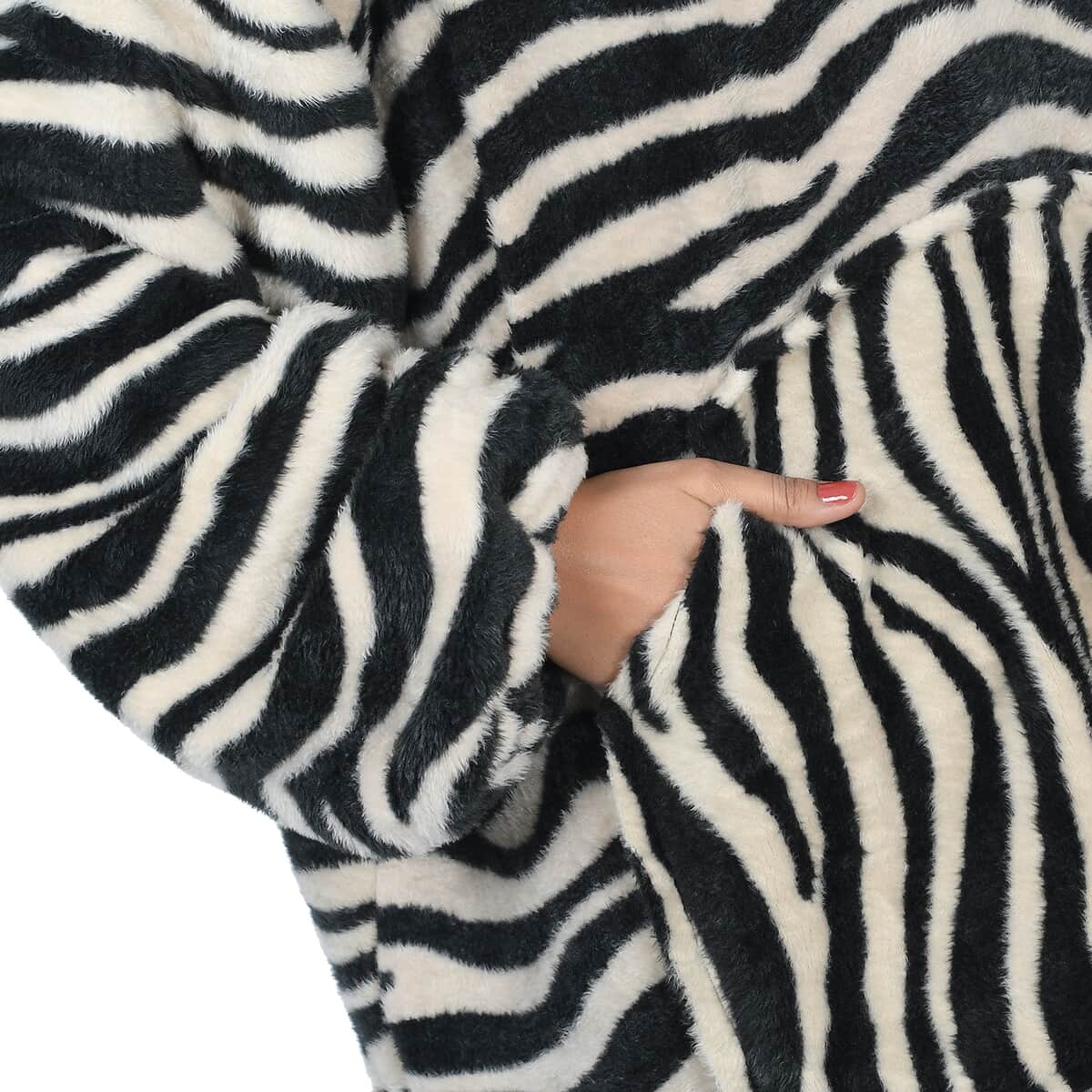 Black and White Zebra Print Sherpa Wearable Blanket with Hood (One Size Fits Most, 100% Polyester) image number 4