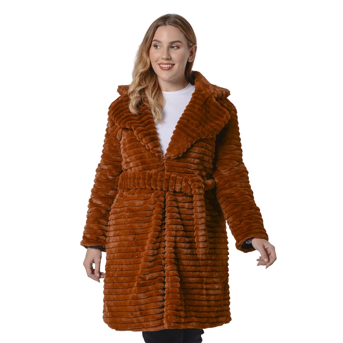 PASSAGE Cognac Embossed Faux Fur Reversible Robe Coat (S, 100% Polyester) image number 0