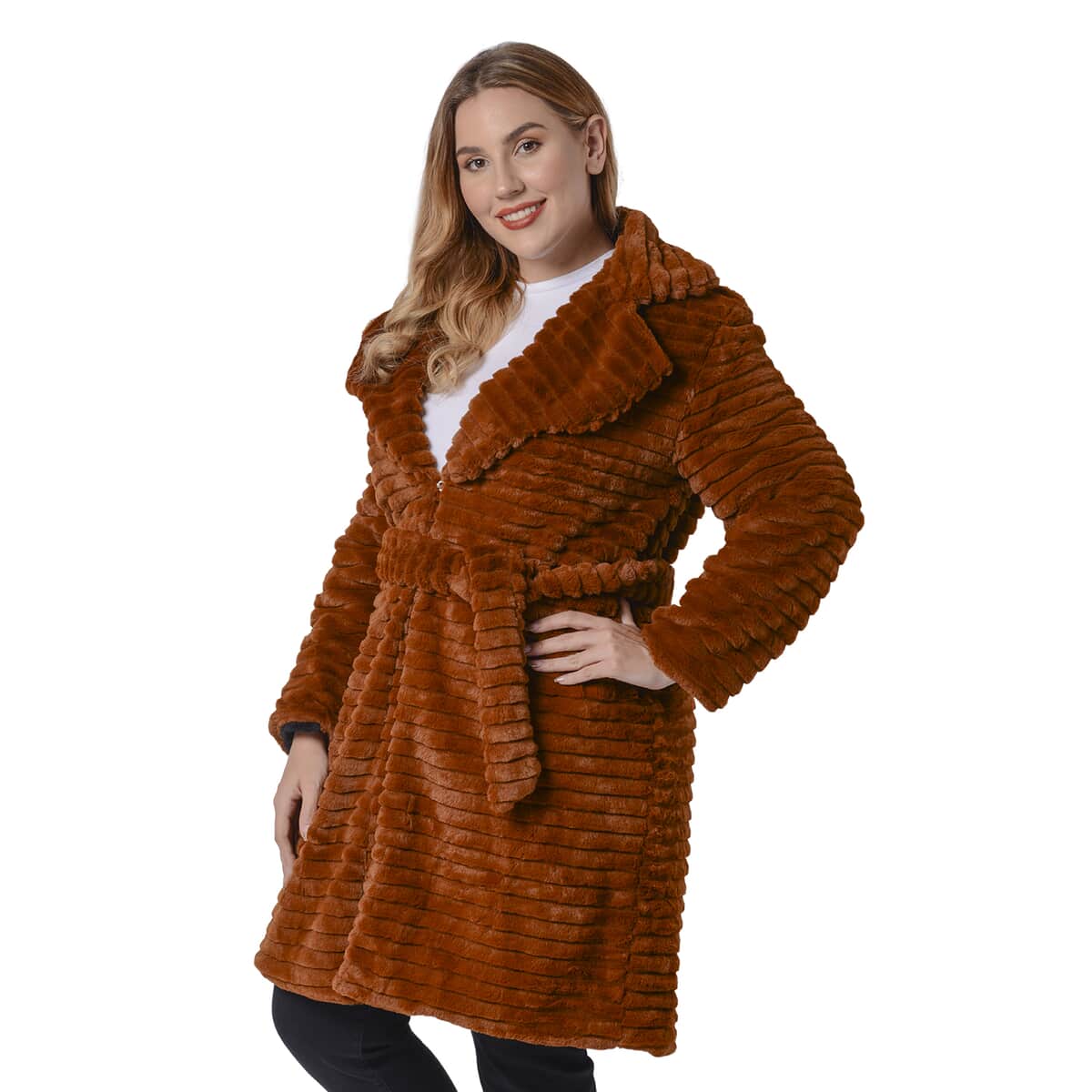 PASSAGE Cognac Embossed Faux Fur Reversible Robe Coat (S, 100% Polyester) image number 2