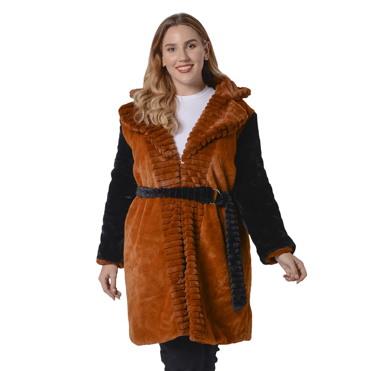 PASSAGE Cognac Embossed Faux Fur Reversible Robe Coat (S, 100% Polyester) image number 3