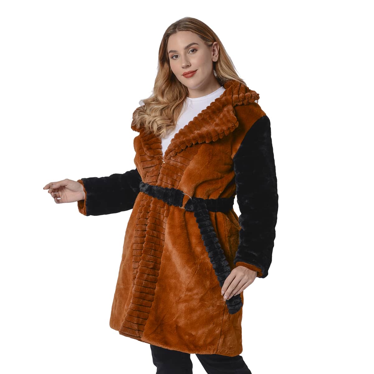 PASSAGE Cognac Embossed Faux Fur Reversible Robe Coat (S, 100% Polyester) image number 5