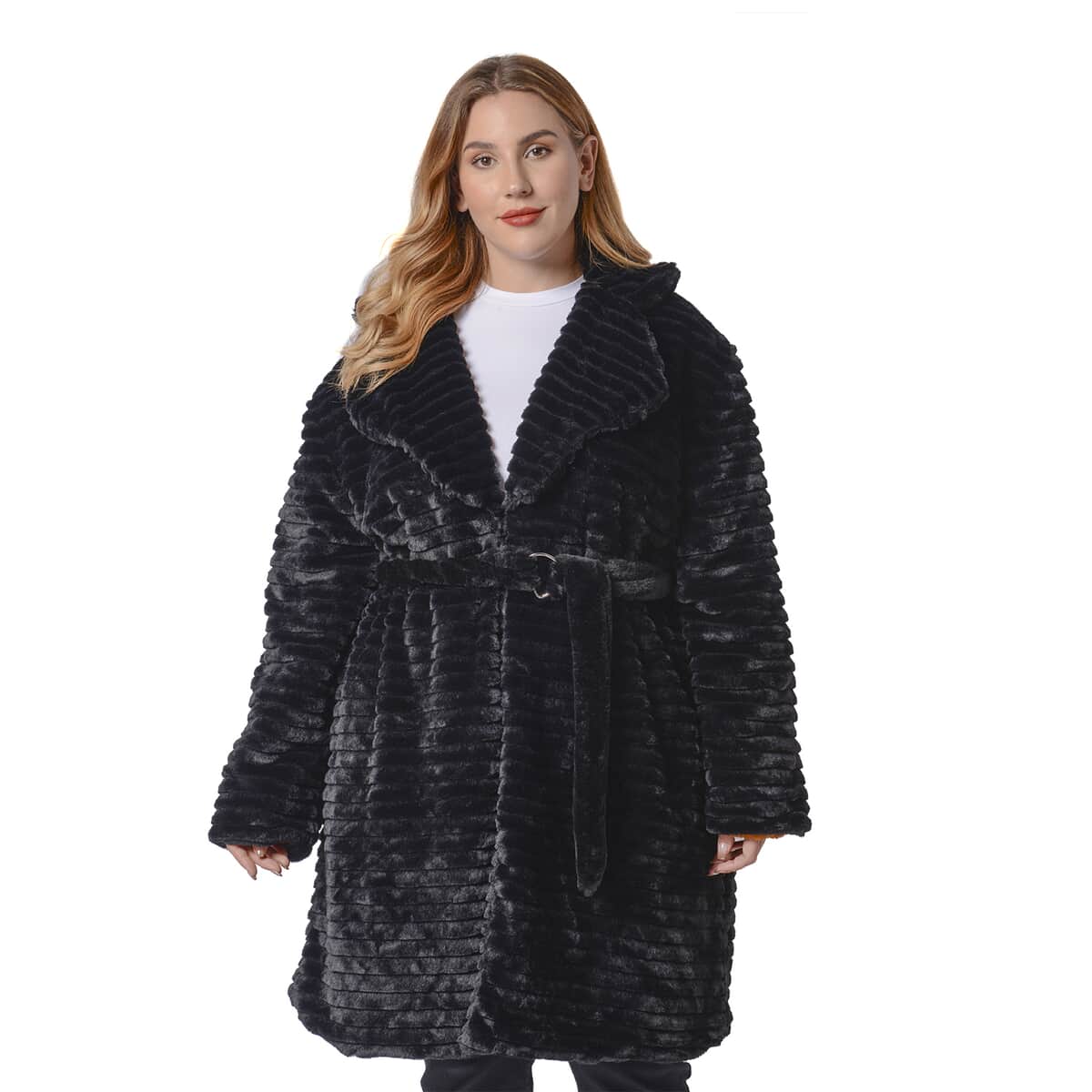 PASSAGE Black Embossed Faux Fur Reversible Robe Coat (L, 100% Polyester) image number 0