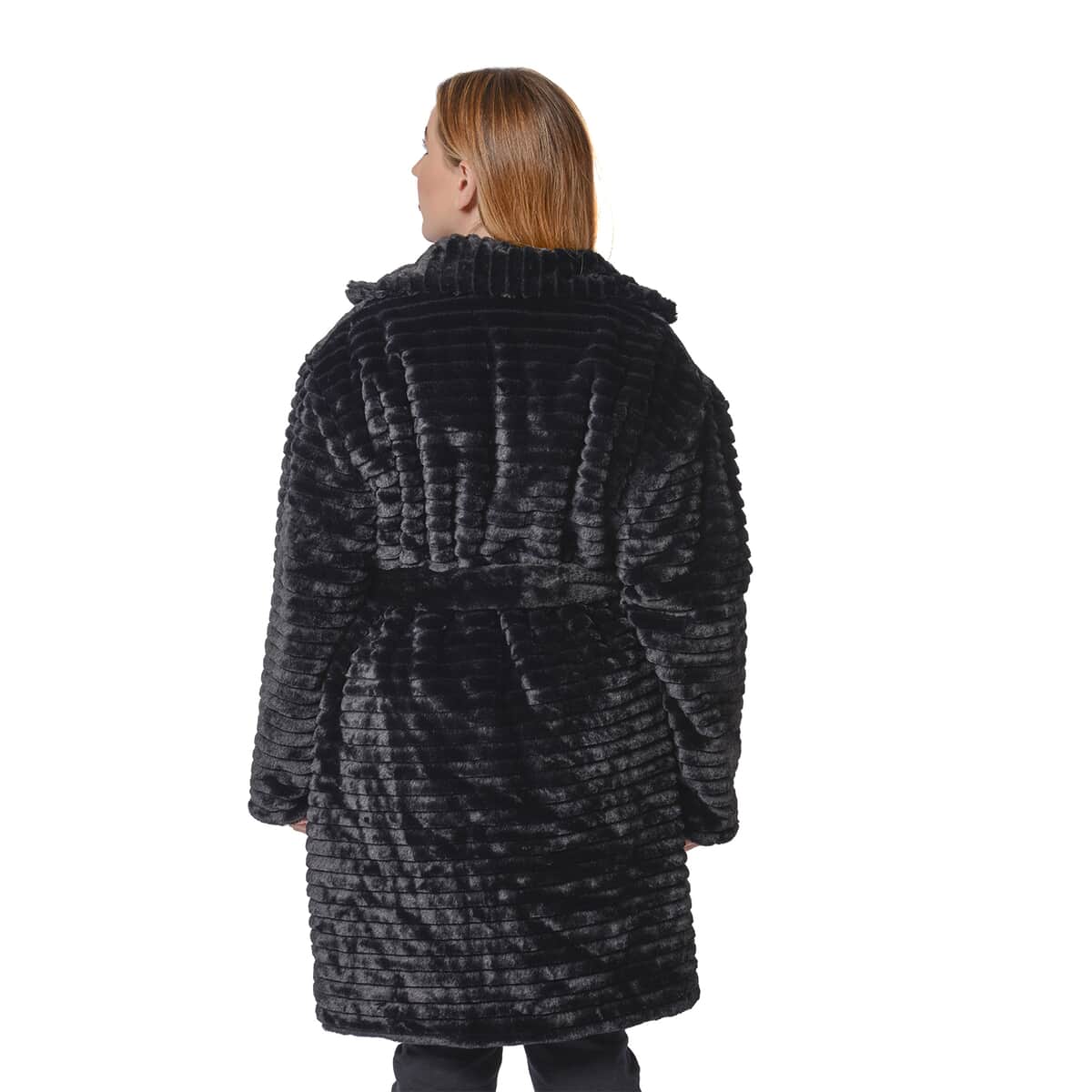 PASSAGE Black Embossed Faux Fur Reversible Robe Coat (L, 100% Polyester) image number 1
