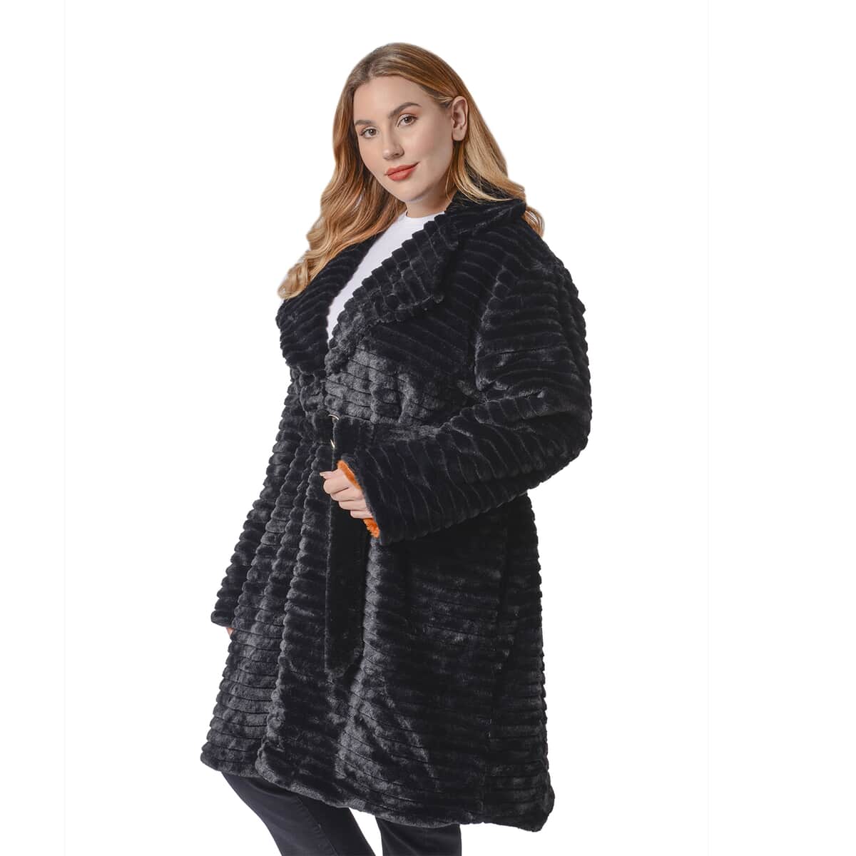 PASSAGE Black Embossed Faux Fur Reversible Robe Coat (L, 100% Polyester) image number 2