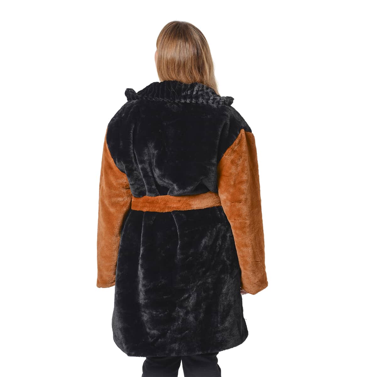 PASSAGE Black Embossed Faux Fur Reversible Robe Coat (L, 100% Polyester) image number 4