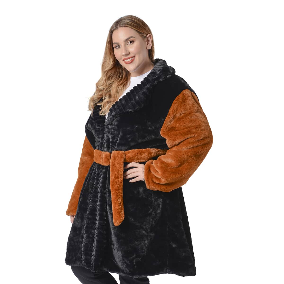PASSAGE Black Embossed Faux Fur Reversible Robe Coat (L, 100% Polyester) image number 5