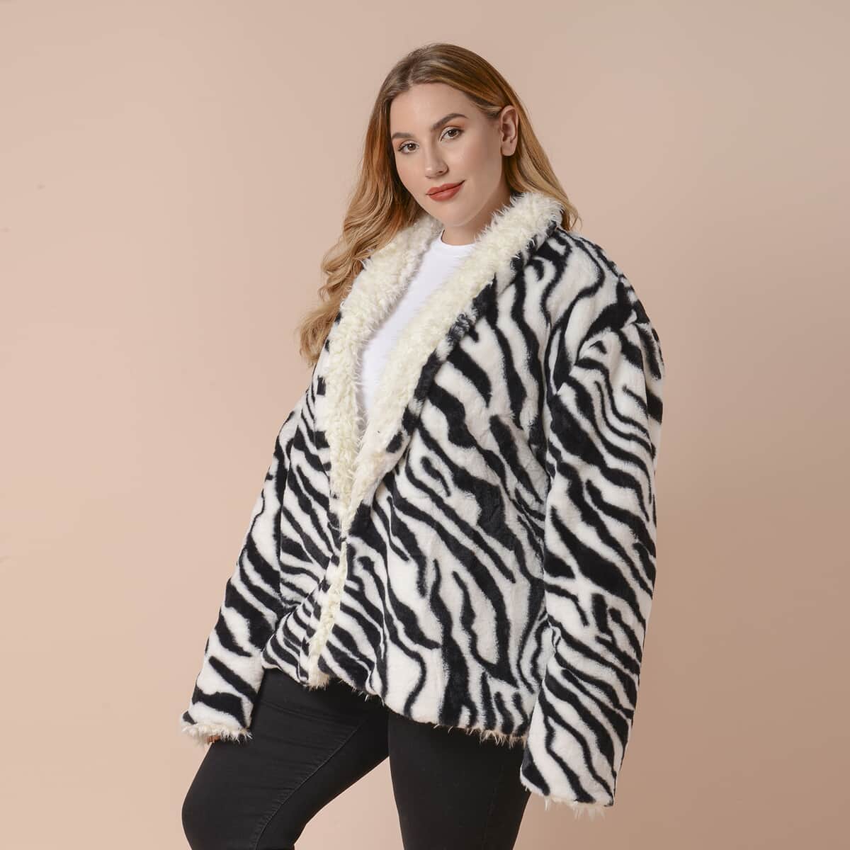 Passage White Zebra Print Faux Fur Shawl Collar Coat Reversible - XL image number 2