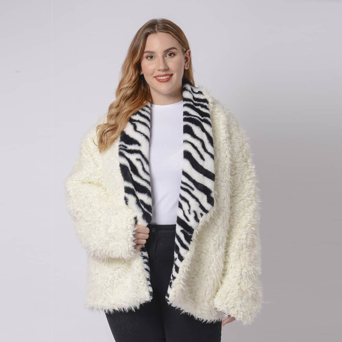 Passage White Zebra Print Faux Fur Shawl Collar Coat Reversible - XL image number 3