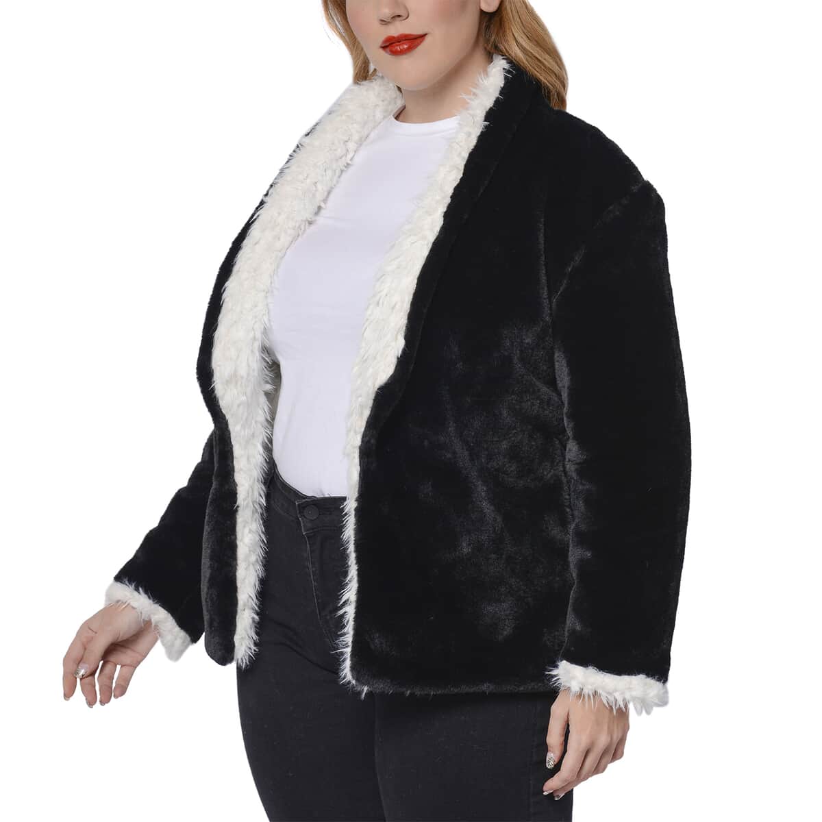 PASSAGE Black Reversible White Faux Fur Shawl Collar Coat (S, 100% Polyester) image number 2
