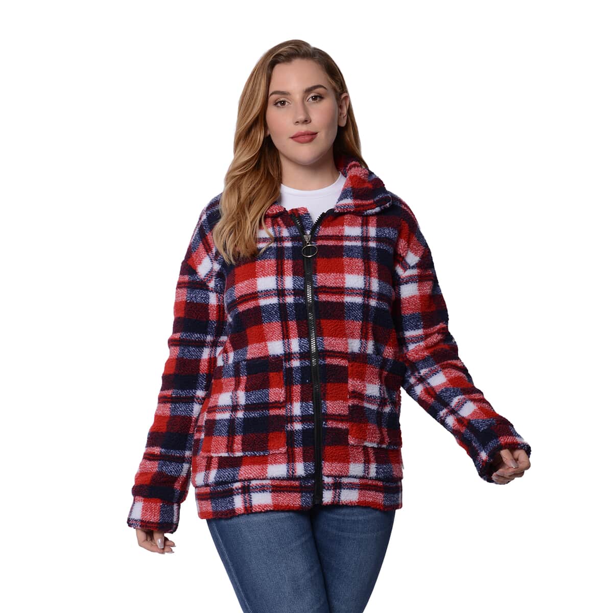 Passage Red and Blue Plaid Pattern Faux Fur Coat (M, 100% Polyester) image number 0