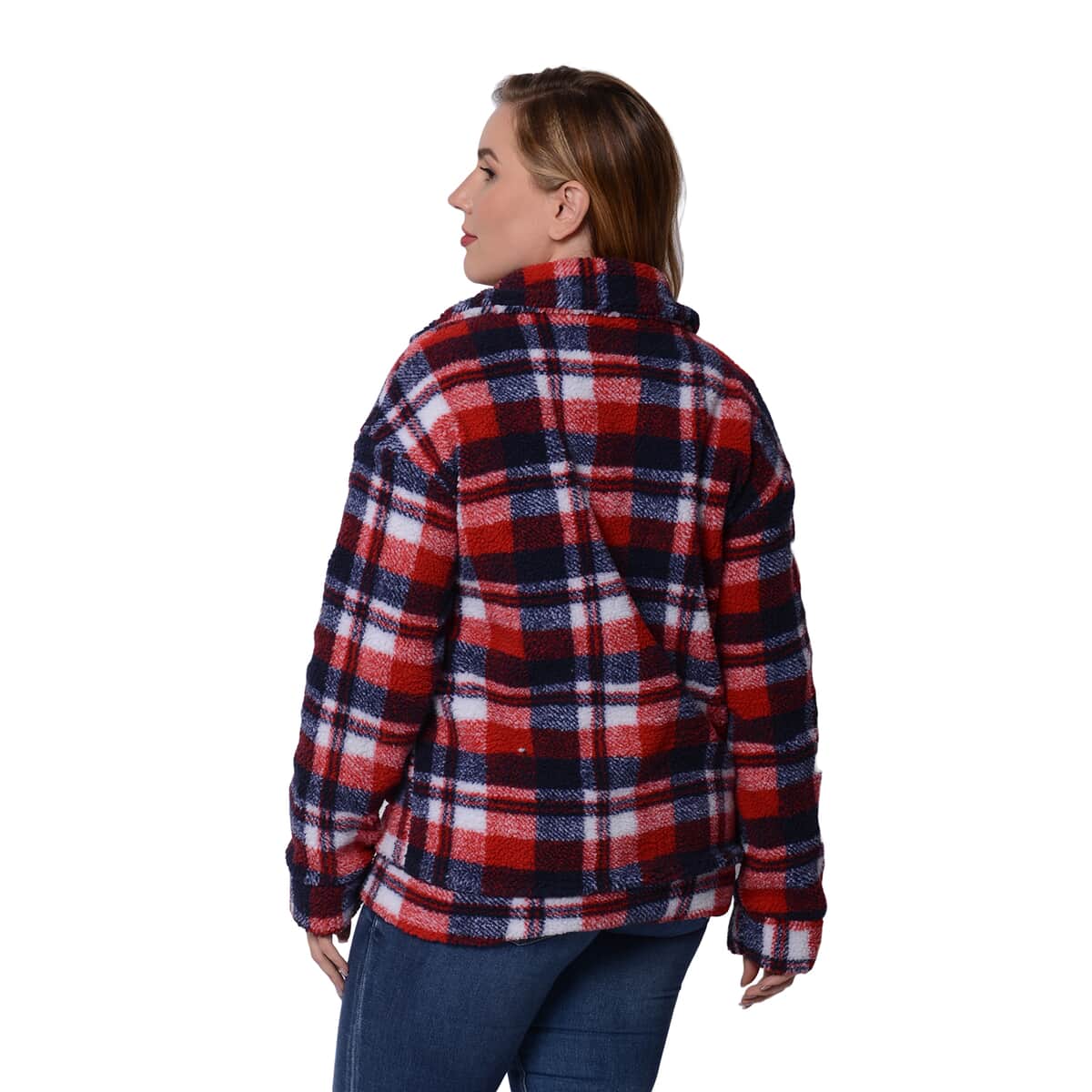 Passage Red and Blue Plaid Pattern Faux Fur Coat (M, 100% Polyester) image number 1