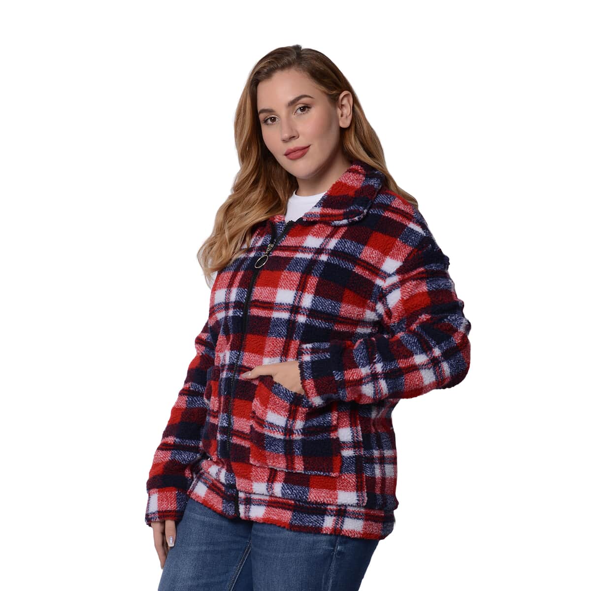 Passage Red and Blue Plaid Pattern Faux Fur Coat (M, 100% Polyester) image number 2