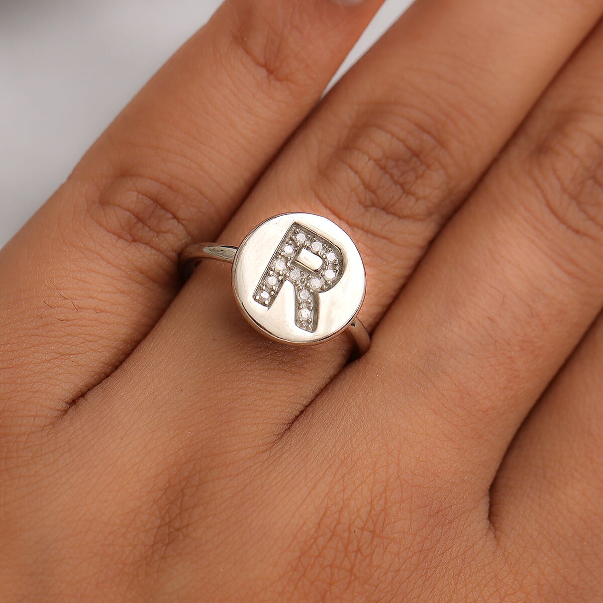 Diamond R Ring in Platinum Over Sterling Silver (Size 6.0) 0.08 ctw image number 2