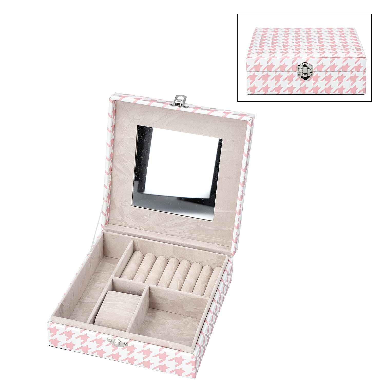 Pink Faux Leather Houndstooth Pattern Jewelry Box (7x7x2)