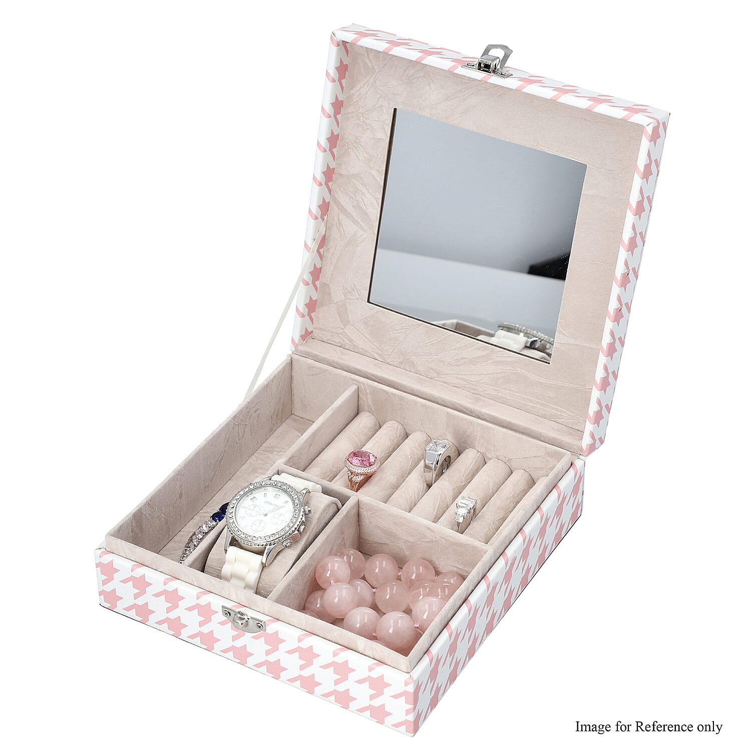 Pink Faux Leather Houndstooth Pattern Jewelry Box (7x7x2)