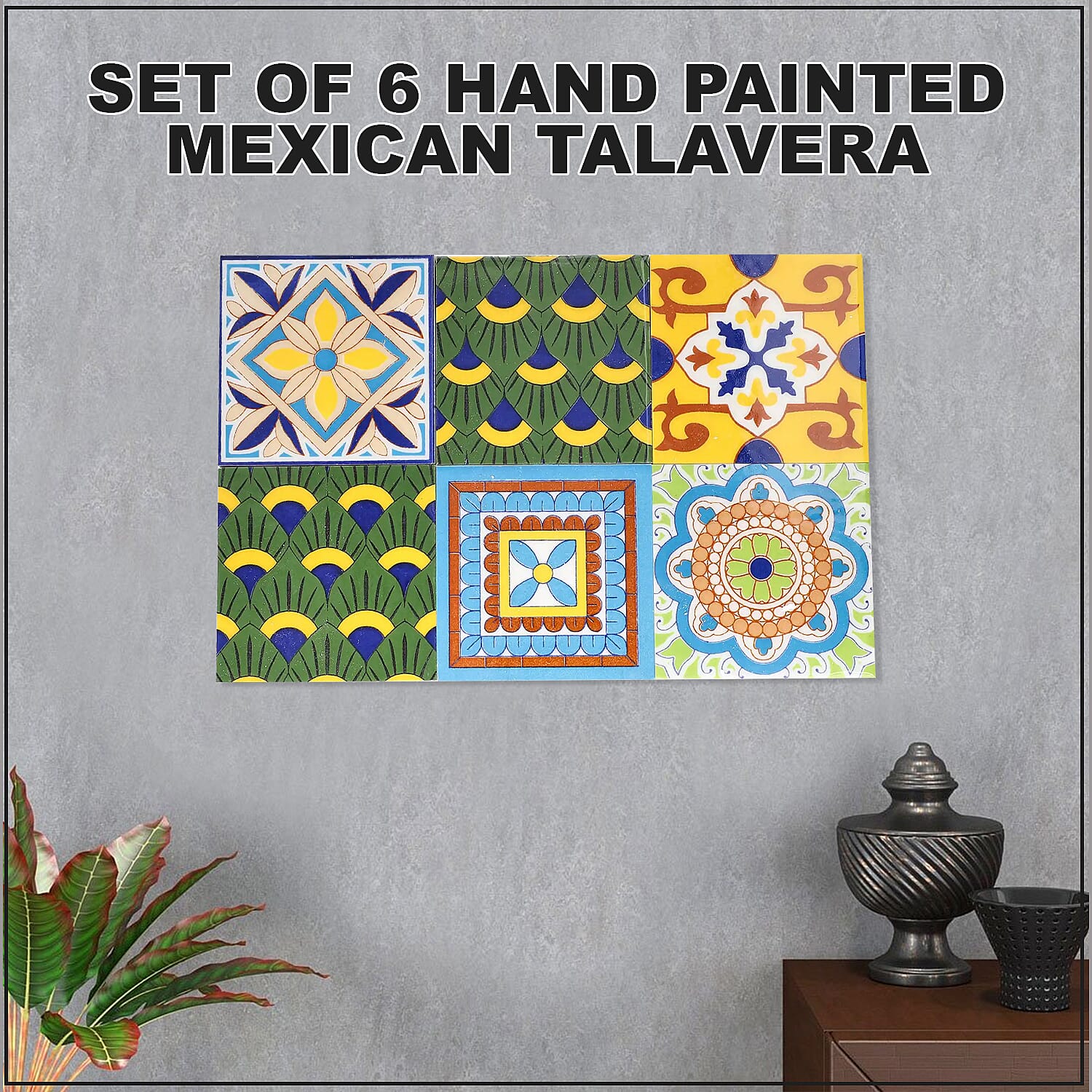 Set of 6 Hand Painted Mexican Talavera Tiles with Glue