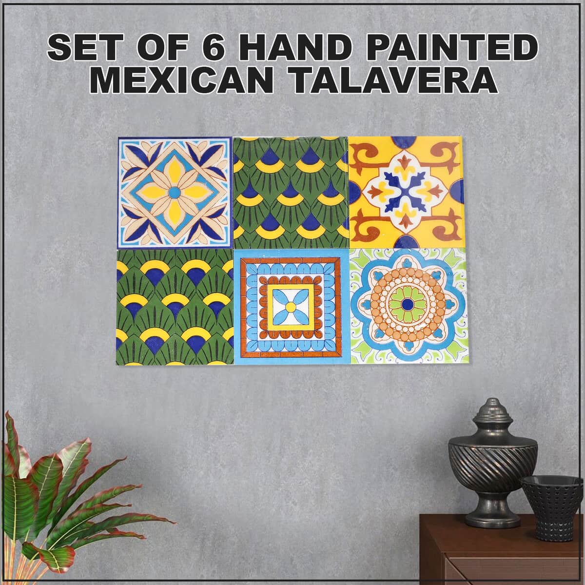 Set of 6 Hand Painted Mexican Talavera Tiles with Glue image number 1