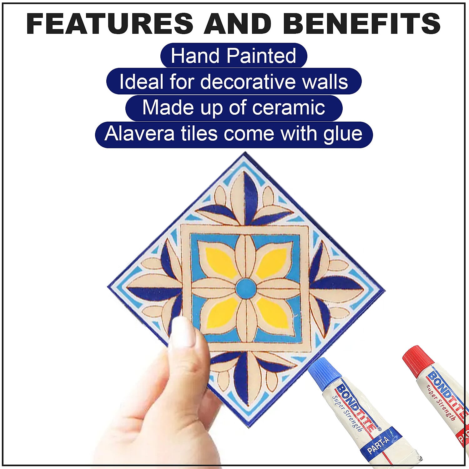 Set of 6 Hand Painted Mexican Talavera Tiles with Glue