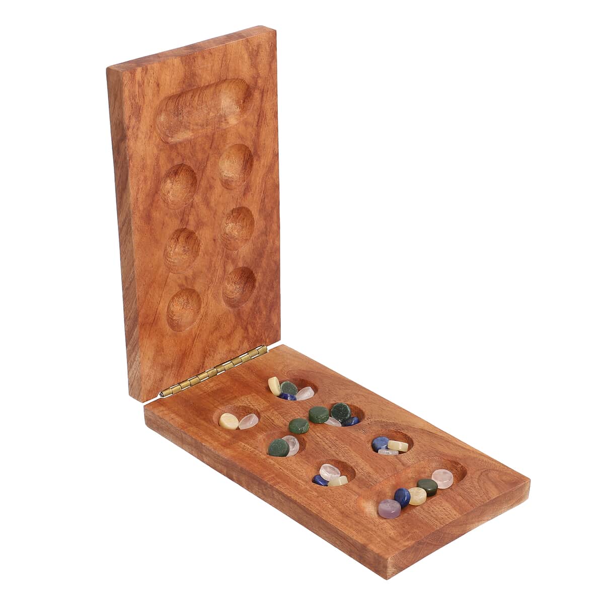 Homesmart Mancala Wooden Game with Rose Quartz, Green Aventurine, Amethyst, Pearl, Lapis Lazuli Gemstone Tokens image number 0