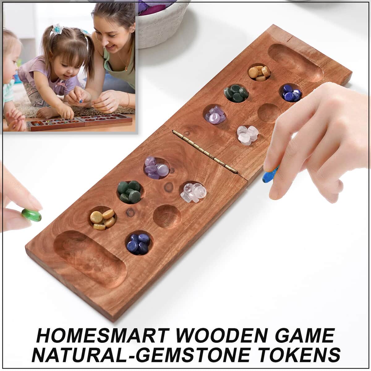 Homesmart Mancala Wooden Game with Rose Quartz, Green Aventurine, Amethyst, Pearl, Lapis Lazuli Gemstone Tokens image number 1