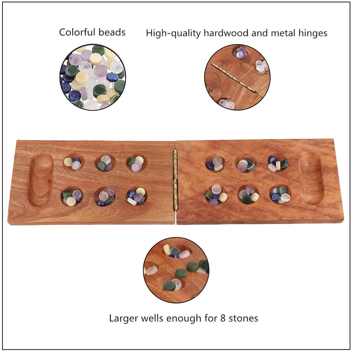 Homesmart Mancala Wooden Game with Rose Quartz, Green Aventurine, Amethyst, Pearl, Lapis Lazuli Gemstone Tokens image number 2